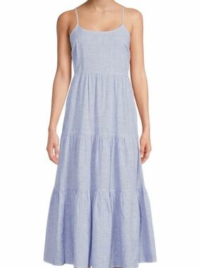 Beachlunchlounge Size XXL Tiered Light Blue Pin Stripes Midi Sundress